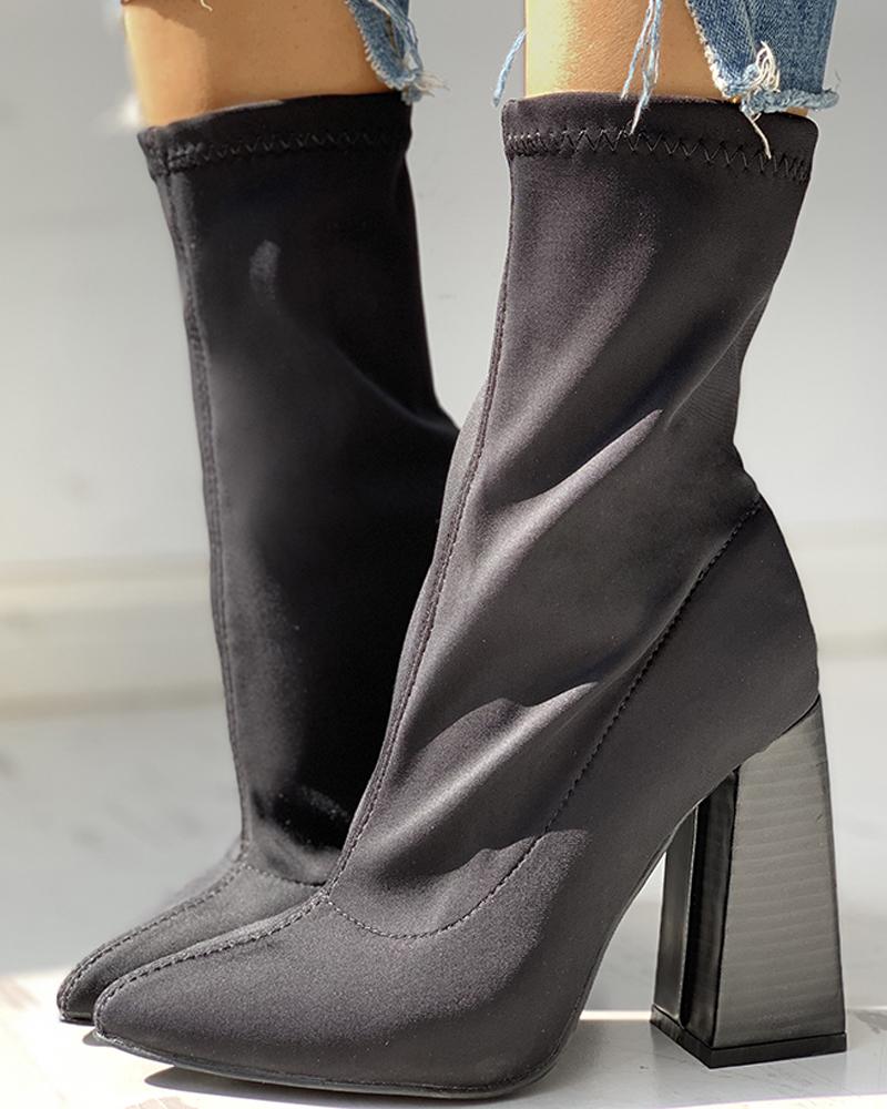 

Solid Suede Pointed Toe Chunky Heeled Boots, Black