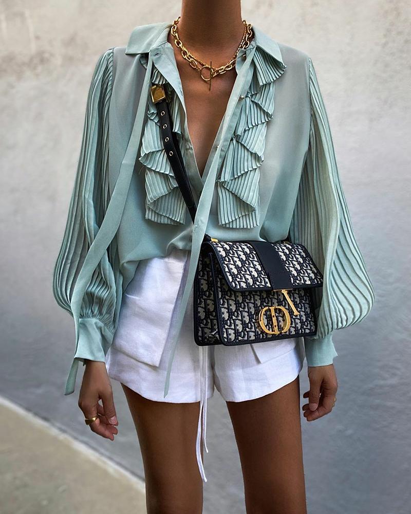 

Solid Ruffles Long Bloomer Sleeve Loose Pleated Blouse, Green
