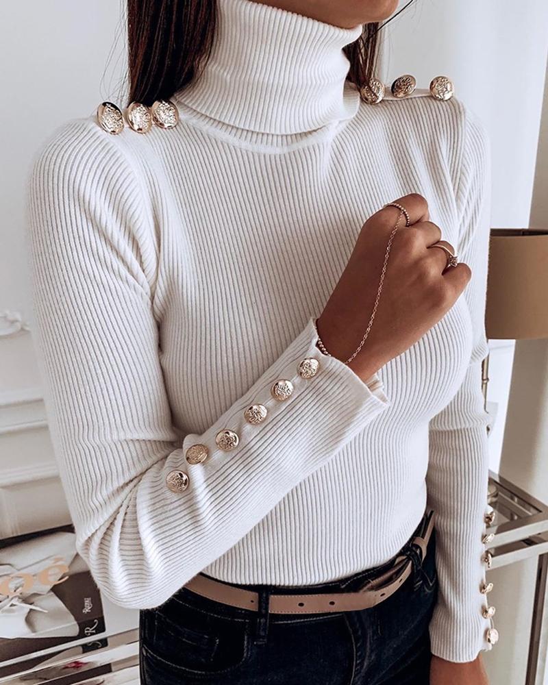 

Solid Ribbed Metal Buttoned Casual Sweater, White