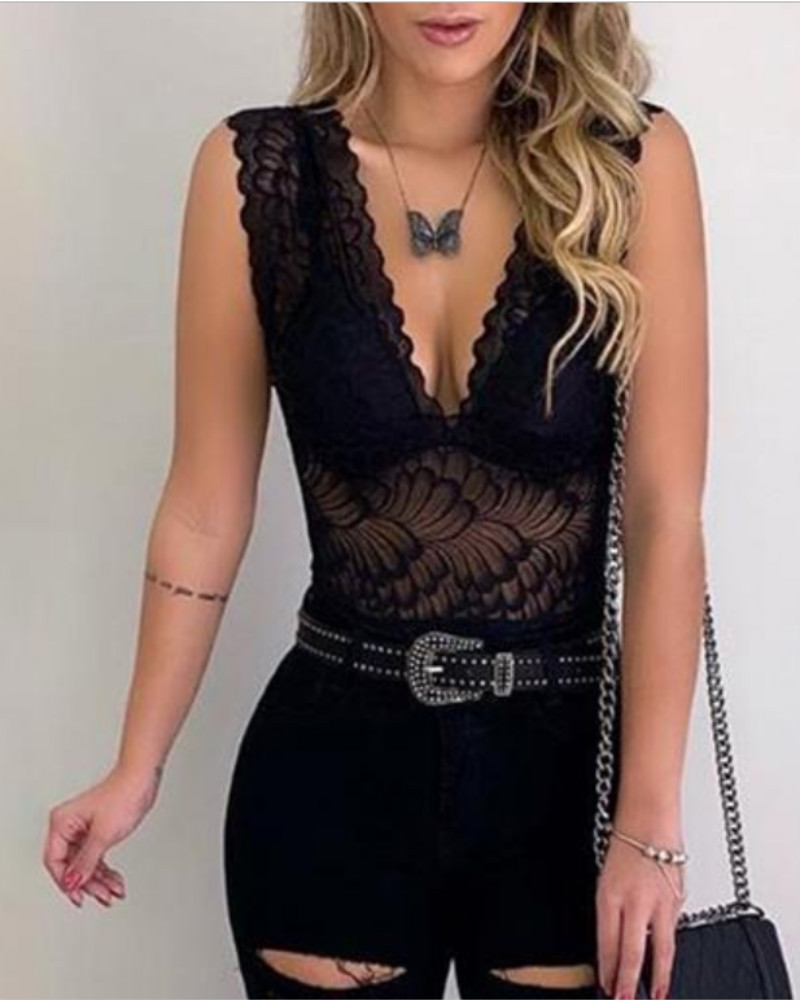 

Sleeveless Deep V-Neck Lace Bodysuit, Black