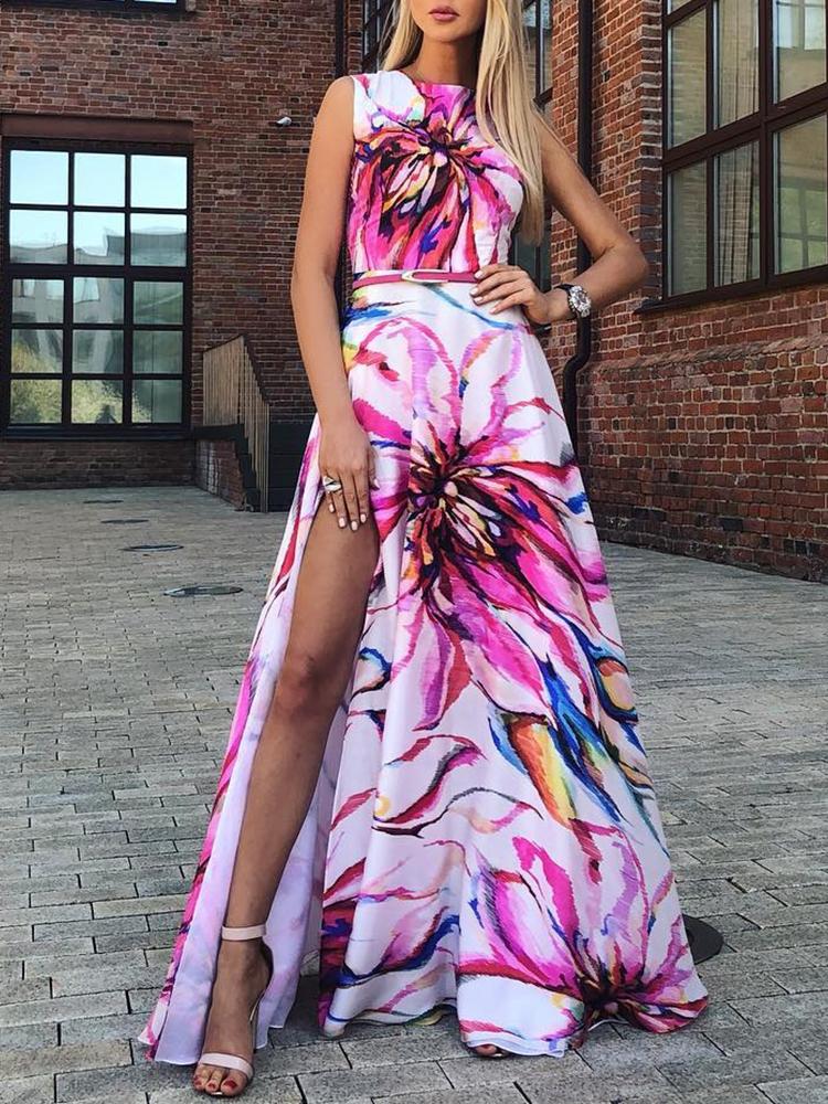 

Floral Print Slit Side Sleeveless Maxi Dress