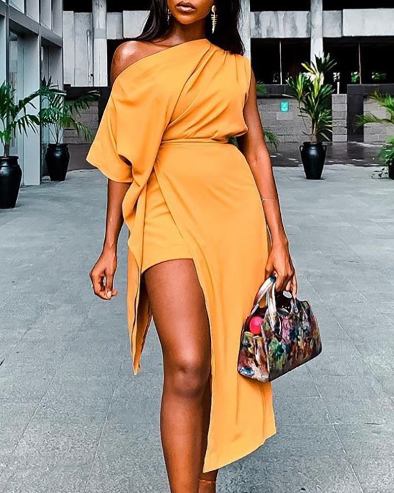 

One Shoulder Ruched Slit Bodycon Dress, Dark yellow