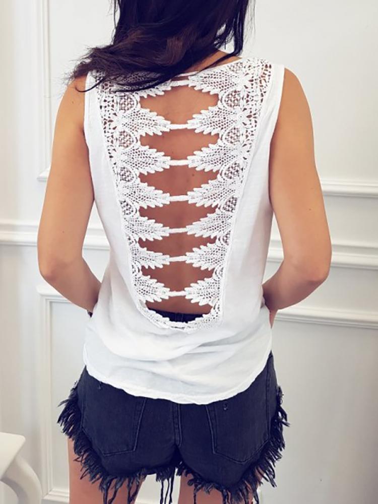 

Solid Sleeveless Crochet Hollowed Back Casual Tank Top, White