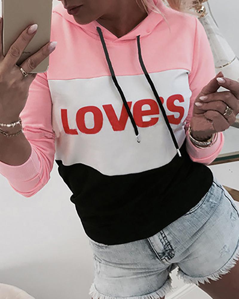 

Letter Print Colorblock Hooded Top, Pink