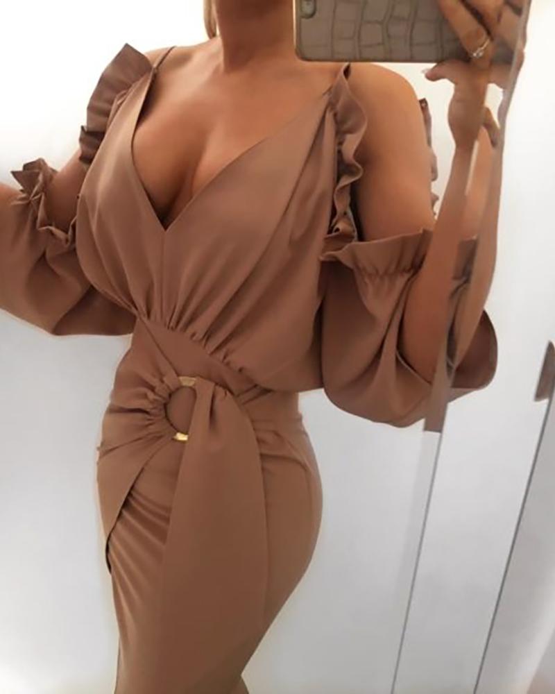 

Solid Cold Shoulder Frill Design Ruched Bodycon Dress, Khaki