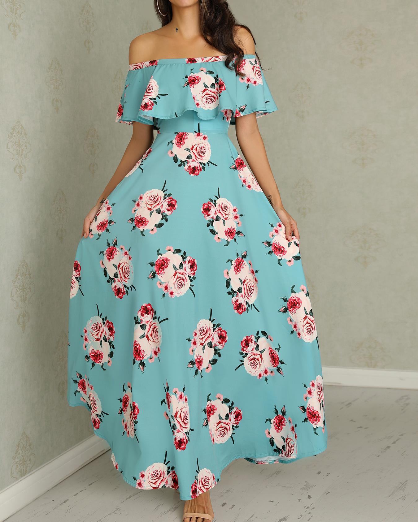 

Floral Print Flounce Ruched Maxi Dress, Green