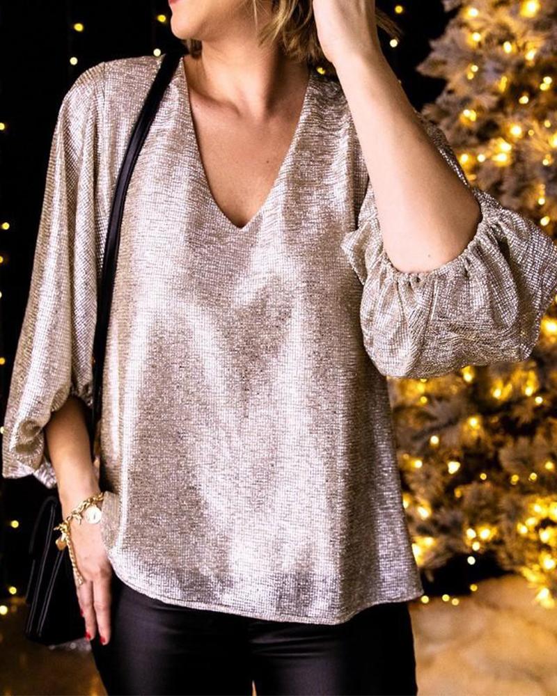 

Sequin V Neck Lantern Sleeve Top, Champagne