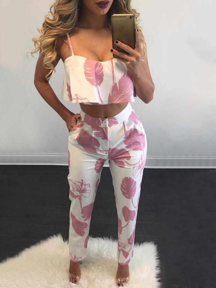 

Fashion Women Flounced Print Cropped Twinset, White