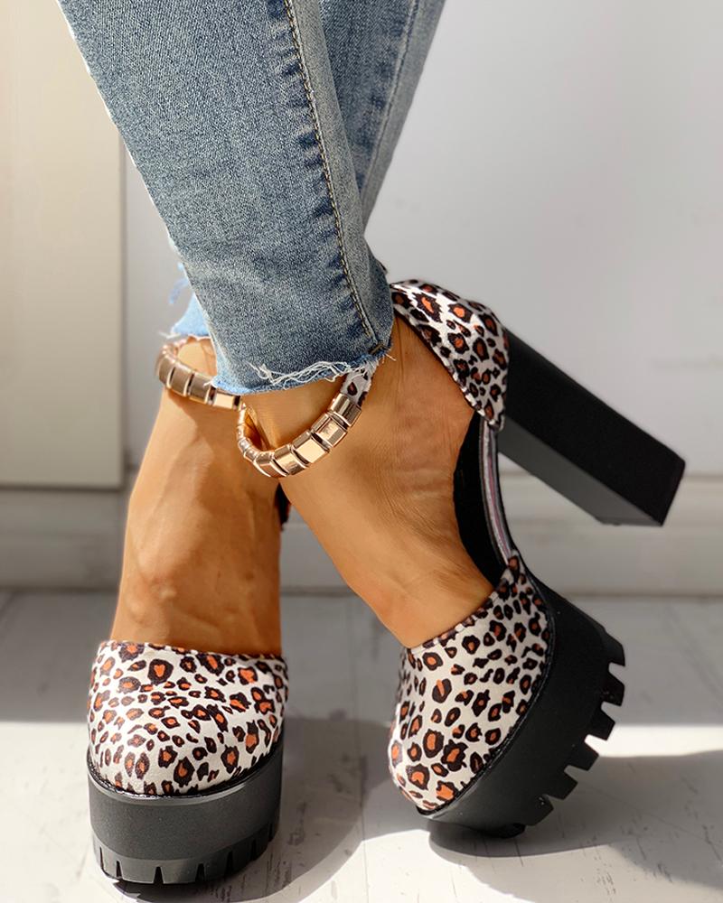 

Leopard Ankle Strap Platform Chunky Heeled Sandals, Apricot