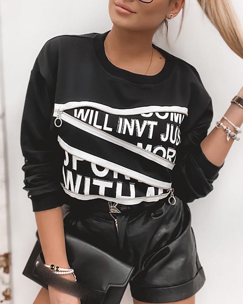 

Letter Print Zipper Design Long Sleeve Sweatshirt, Black