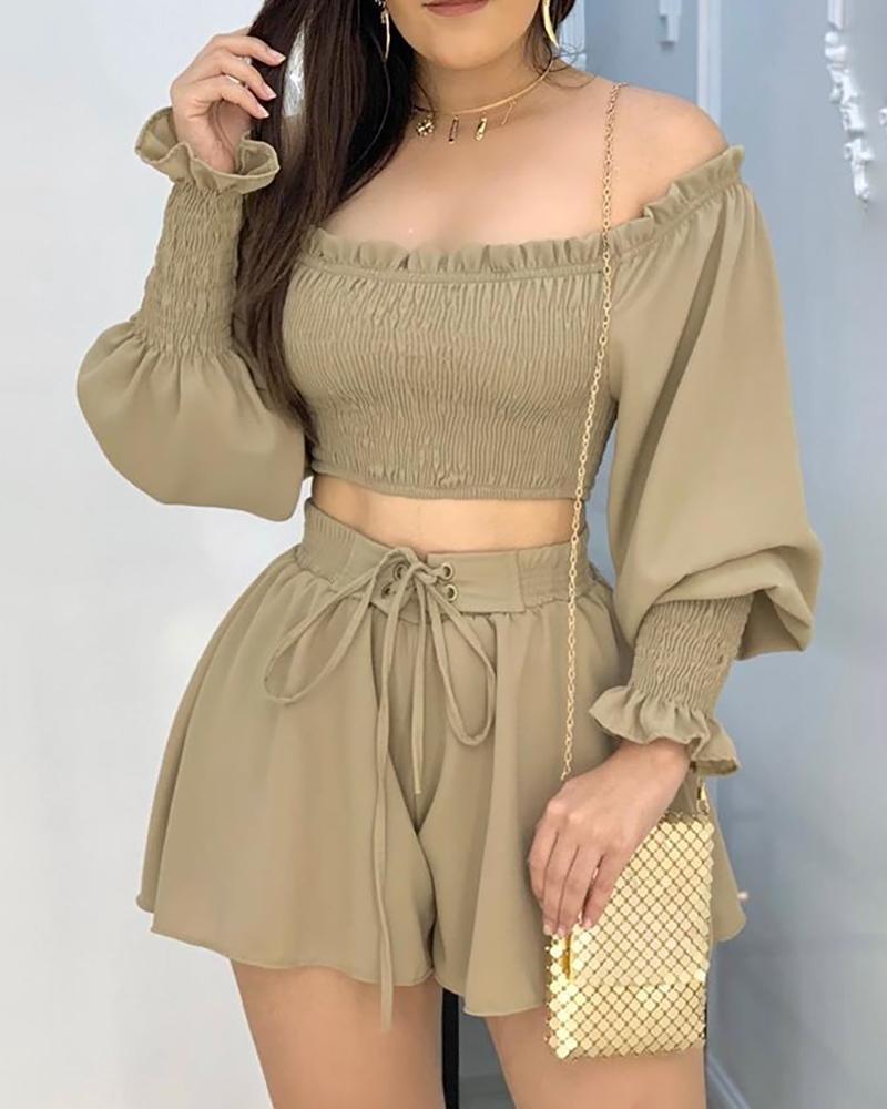 

Off Shoulder Ruched Crop Top With Shorts Set, Coffee