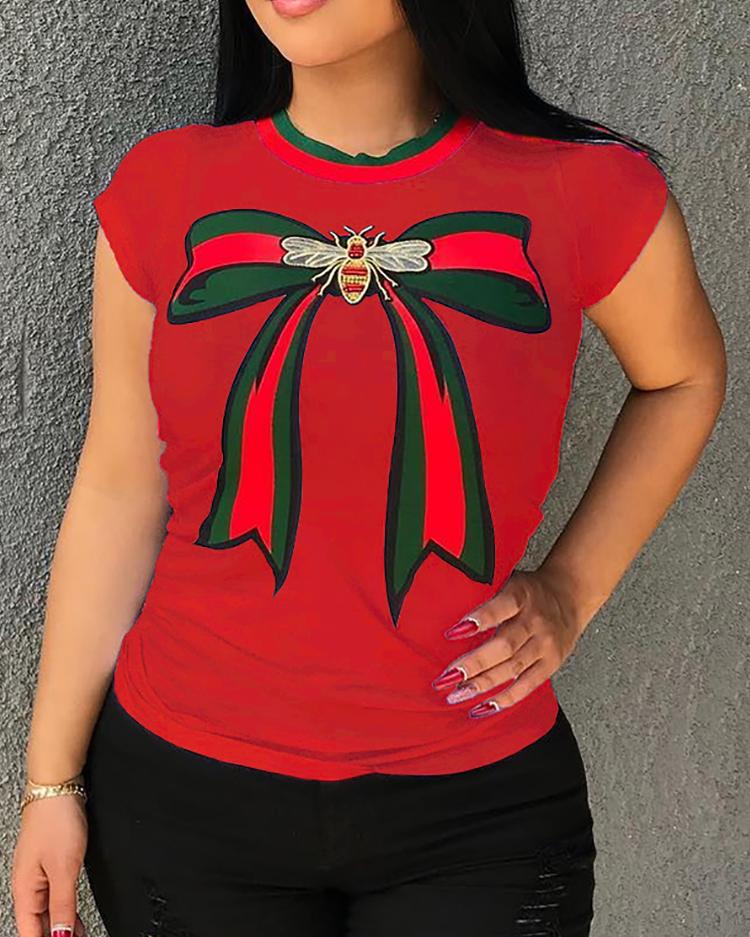 

Oversize Bowknot Striped Print Short Sleeve T-shirt, Red