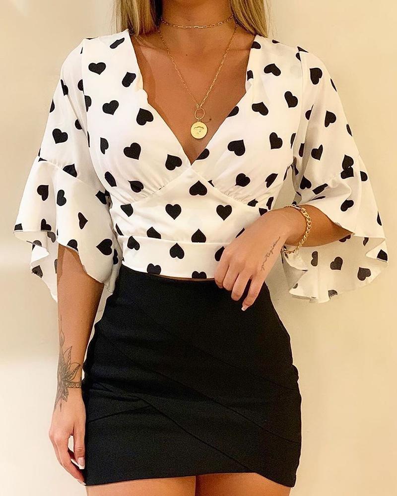 

Heart Print Bell Sleeve Blouse, White