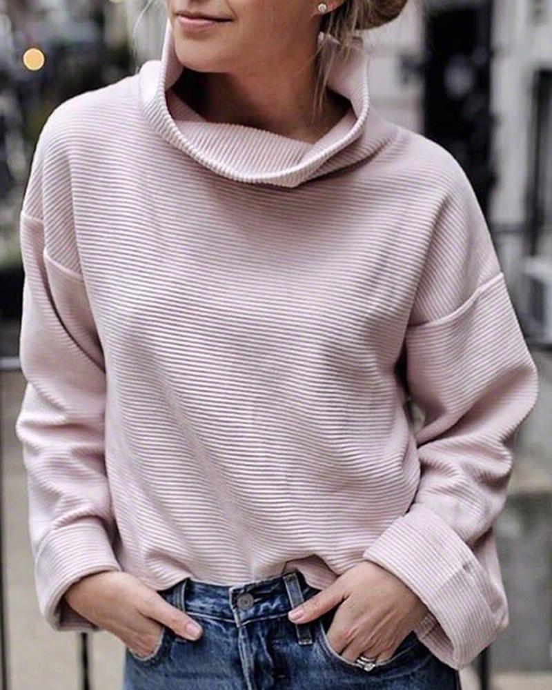 

Solid High Neck Casual Sweatshirt, Light pink