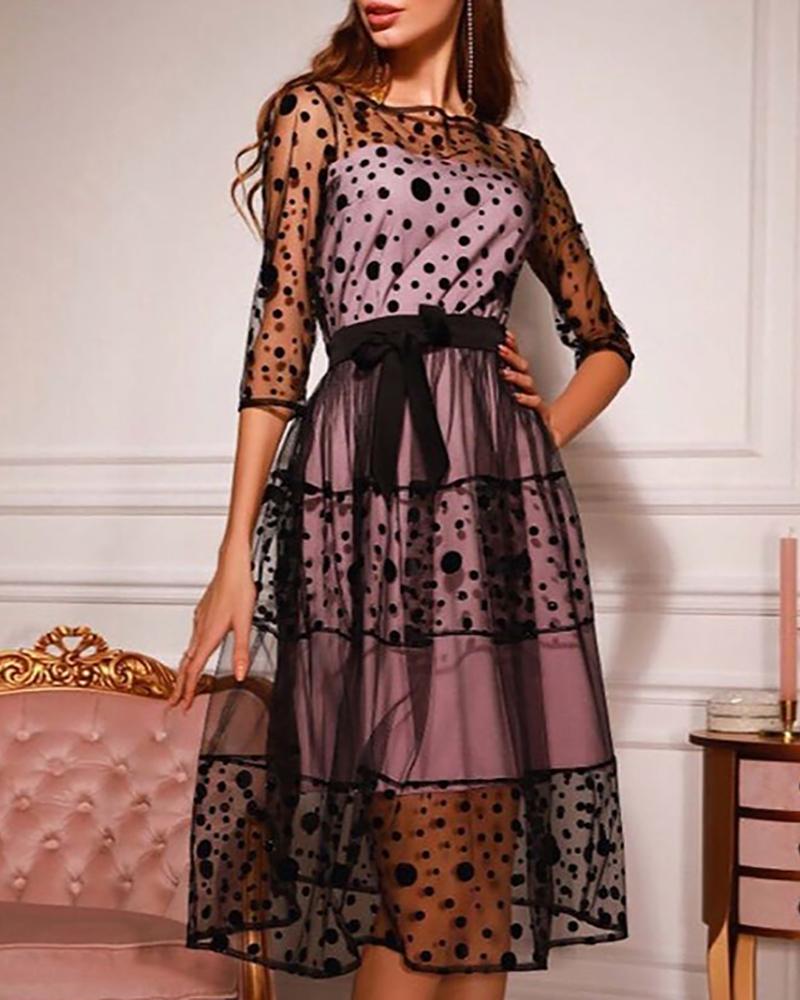 

Sheer Layered Mesh Dot Midi Dress, Black