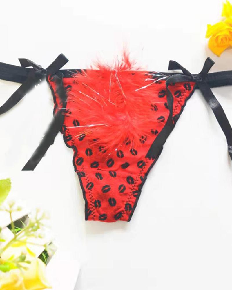 

Lip Print Feather Detail Tie Side Panty, Red