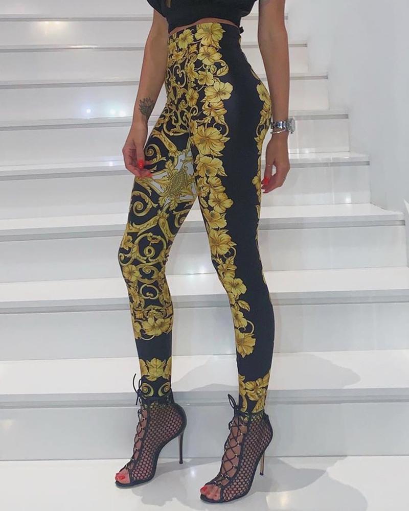 

High Waist Floral Print Slinky Pants, Yellow