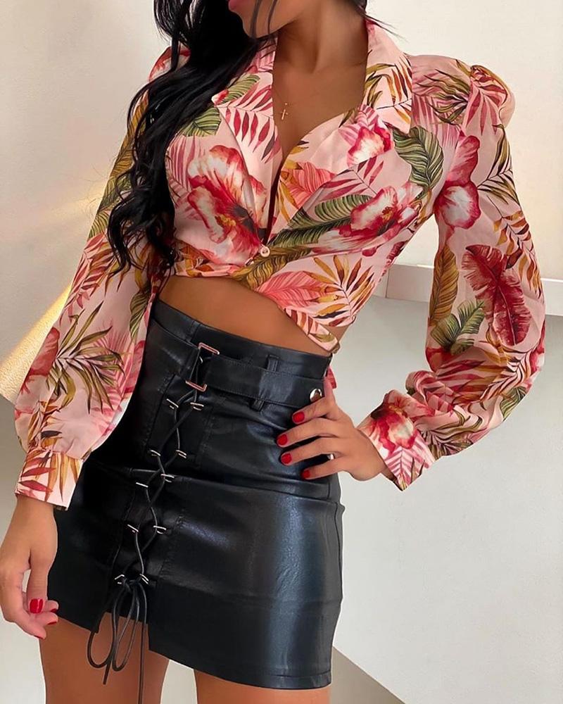 

Tropical Print Puffed Sleeve Knotted Shirt, Pink