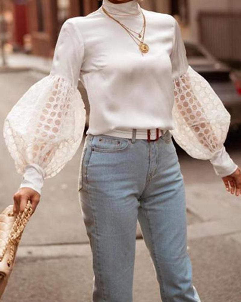 

High Neck Mesh Bishop Sleeve Blouse, White